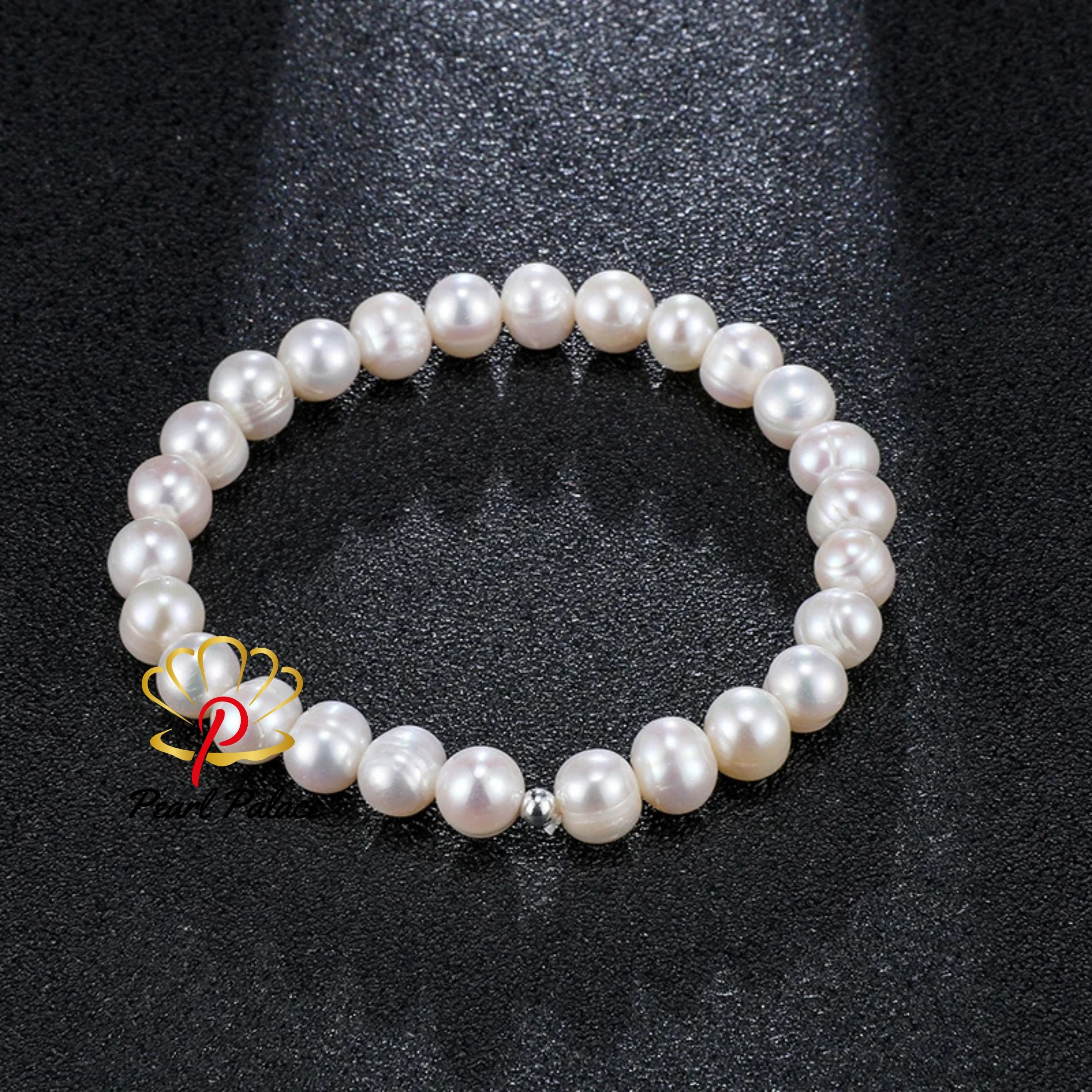 6-7mm Natural Freshwater White Pearls Punch Elastic Rope Bracelet AA Flat Round