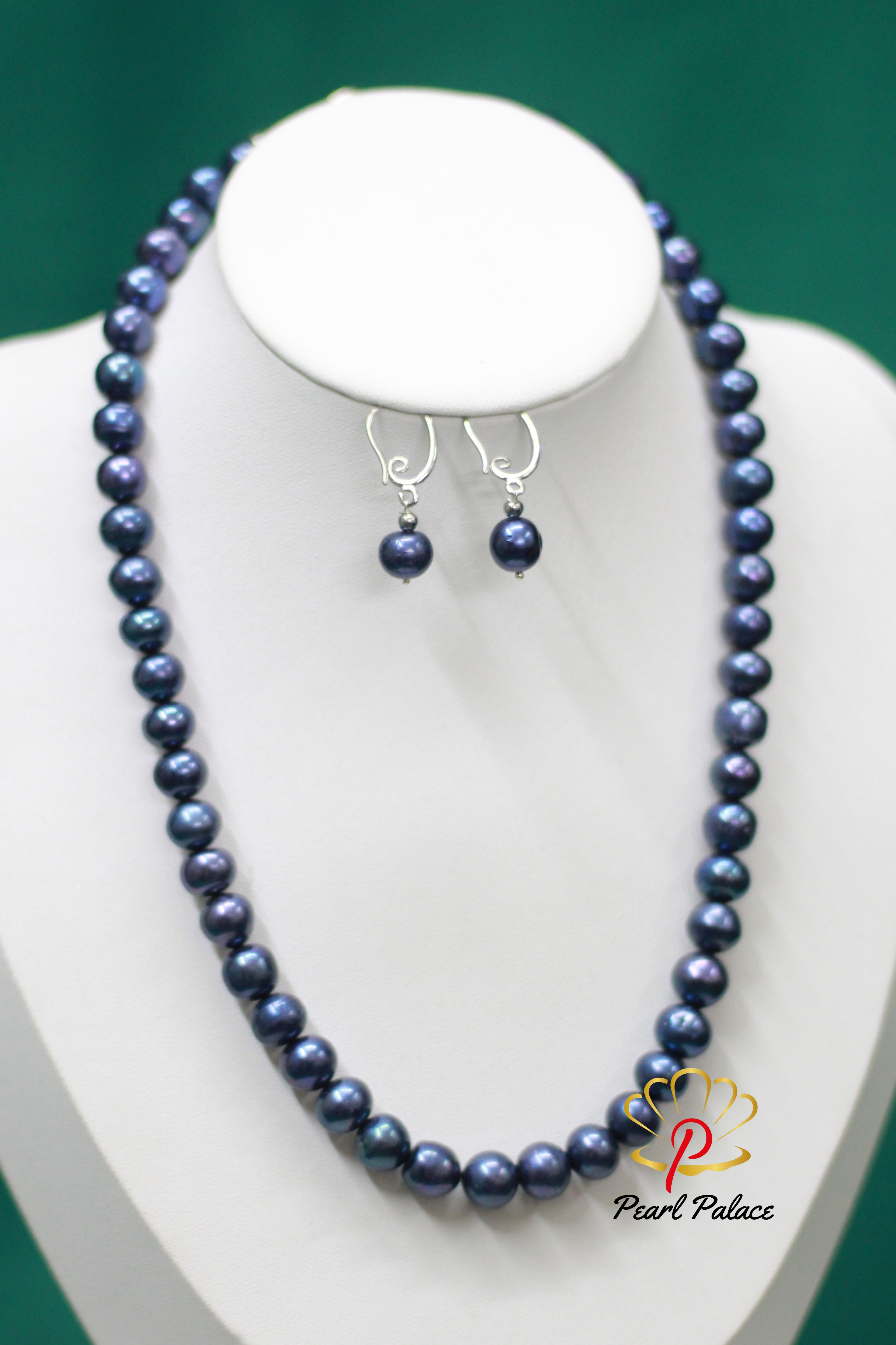 Exquisite 9-10mm Blue Freshwater Pearl Earring Set with Exclusive Clasp Lock