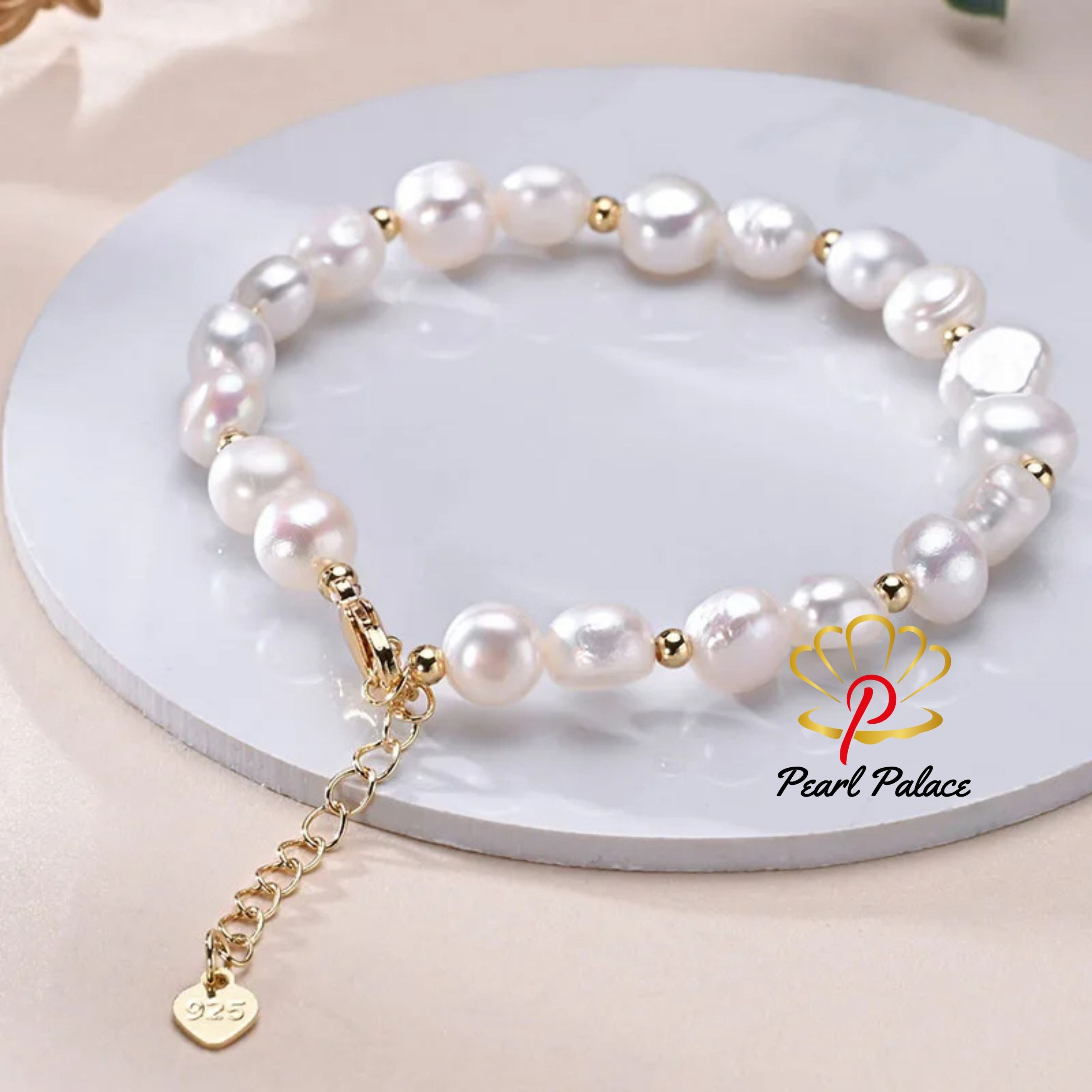 Freshwater 8-9mm White Pearl Baroque With Small Gold Bead Bracelet 925 Sterling Silver Jewelry