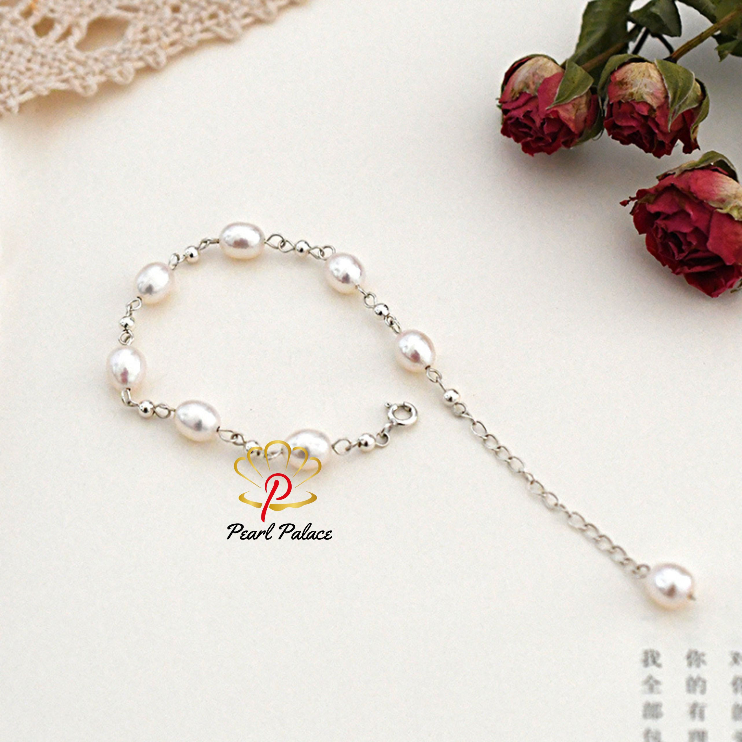 White Natural freshwater pearl bracelet 925 Sterling silver beads handmade Jewelry