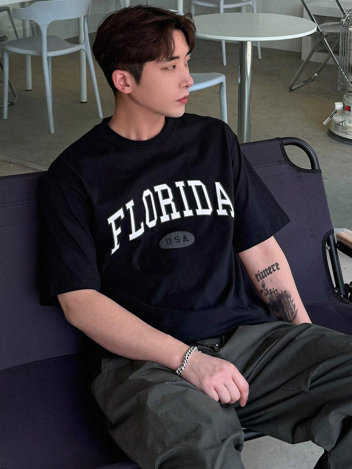 Drop Shoulder Print T-Shirt - Florida - Black