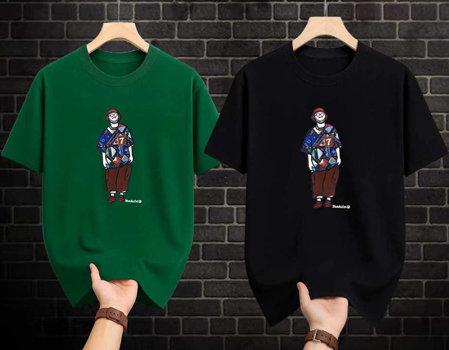 Drop Shoulder Print T-Shirt 2 Pieces (Green+Black) - Makuta Design